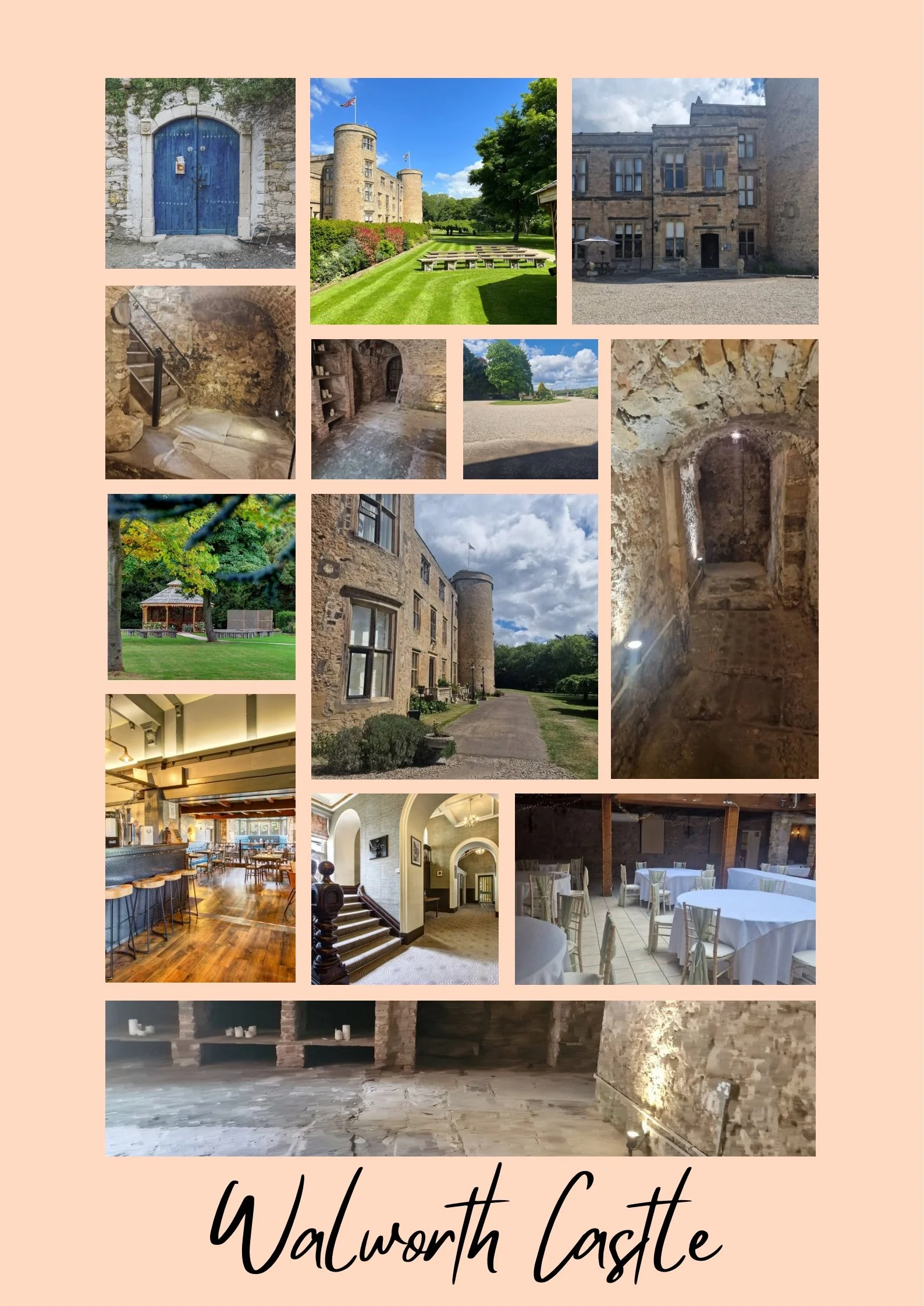 Collage of images of Walworth Castle, including exterior views of the historic stone castle, interior rooms, staircase, and event spaces with tables and seating.