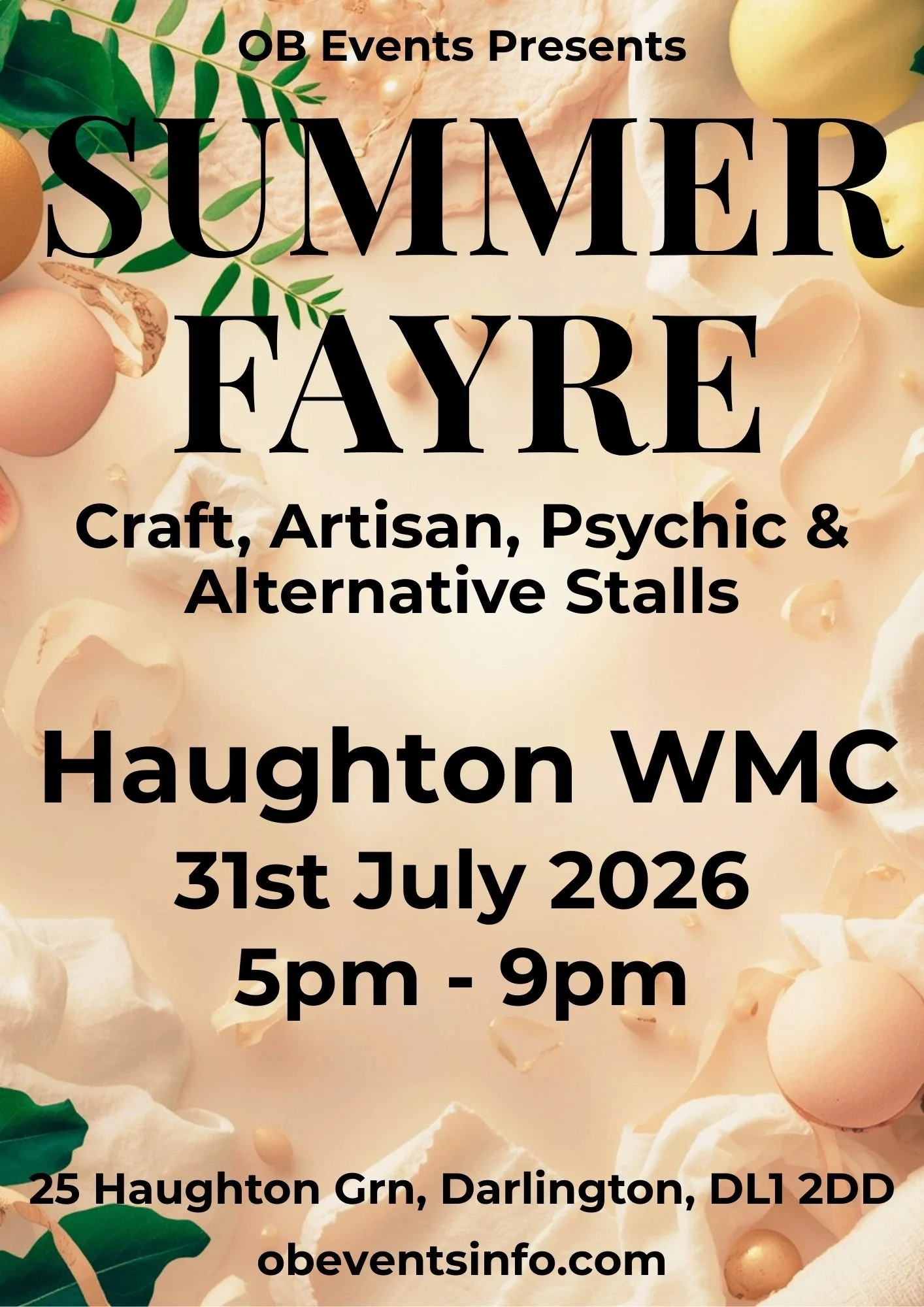 OB events - Haughton WMC Event July 2026. Craft & Artisan Stalls, Clairvoyants,  Alternative Stalls, Food & Drinks