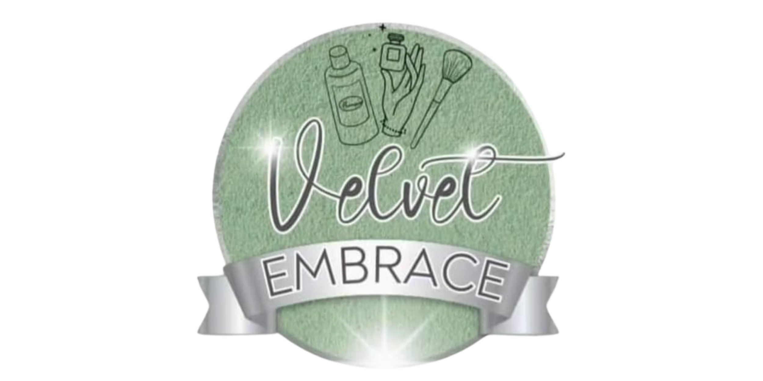 Logo with a green background featuring illustrations of skincare products and brushes. The text reads 'Violet Embrace' with 'Violet' in a cursive font and 'Embrace' in a block font on a silver ribbon banner.