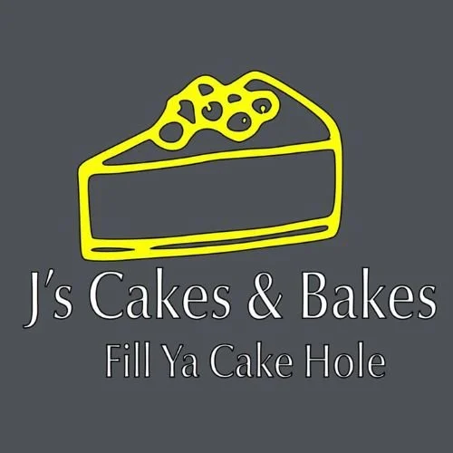 Logo of J's Cakes & Bakes featuring a yellow slice of cake with ice cream on top and the text "J's Cakes & Bakes" and "Fill Ya Cake Hole" on a gray background.