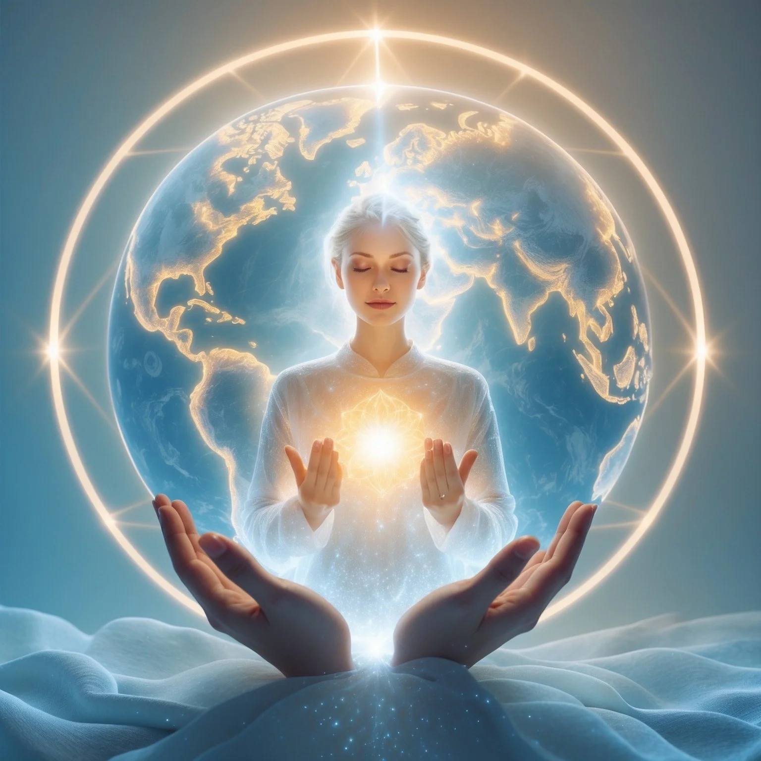 A woman with white hair and closed eyes surrounded by glowing light, holding a glowing orb with her hands. In the background, a world map is depicted within a glowing circle, giving a spiritual and cosmic impression.