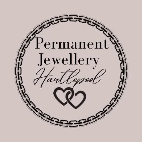 Logo for a jewelry business called 'Permanent Jewellery Hatfield' with a chain border and two interlocking hearts