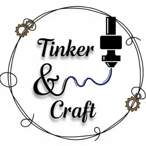 Logo with the text "Tinker & Craft" surrounded by gear and wire illustrations, featuring a magnifying glass and a soldering iron.