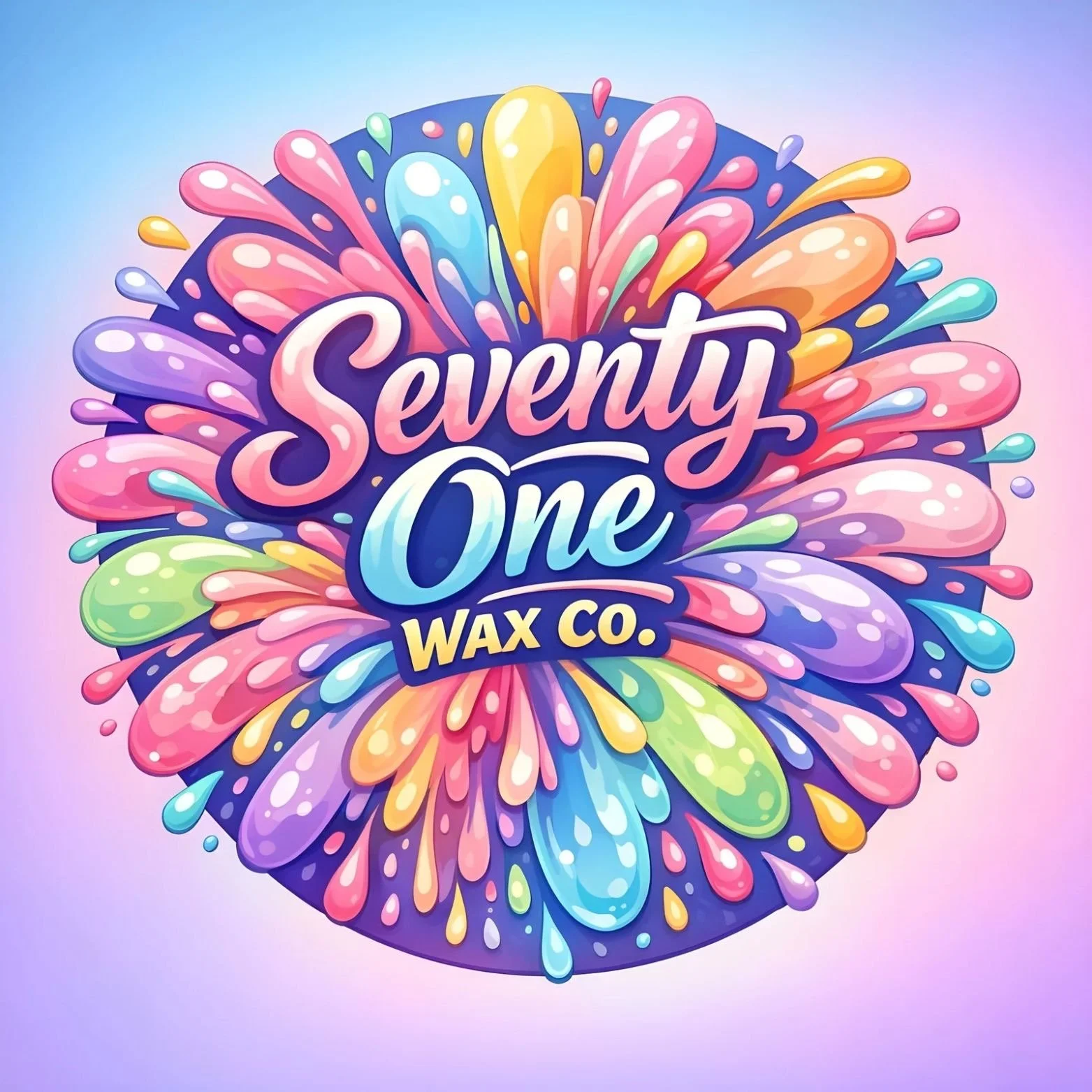 Colorful logo for 'Seventy One Wax Co.' featuring bright, cartoonish paint splashes and droplets in various pastel shades, with the company name prominently displayed in stylized font.