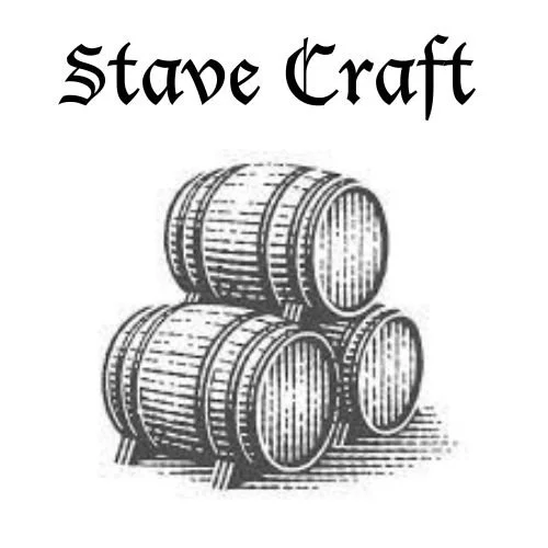 Stack of wooden barrels with the text 'Stave Craft' above them.