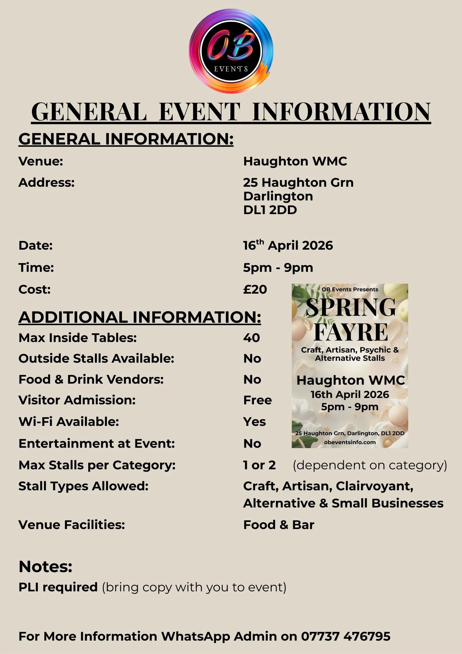 Event flyer for Spring Fayre at Haughton WMC on April 16, 2026, from 5pm to 9pm, featuring craft, artisan, psychic, and alternative stalls, with food and drinks vendors, free admission, Wi-Fi, and entertainment. The flyer includes event details and a small poster with a floral design.