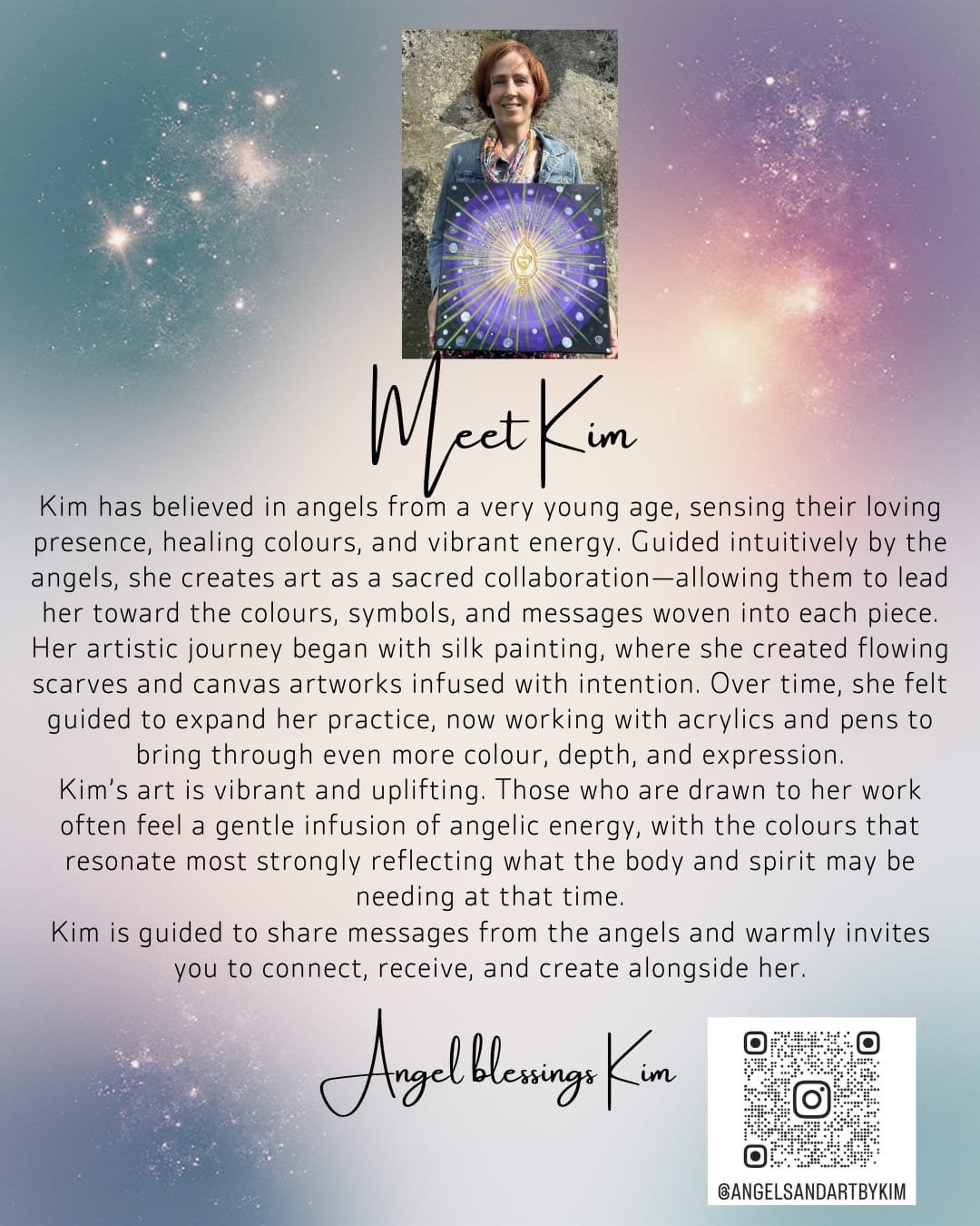 Profile photo of Kim holding a painting with a glowing angelic symbol, surrounded by a cosmic background, and a text description about her art journey and connection to angels.