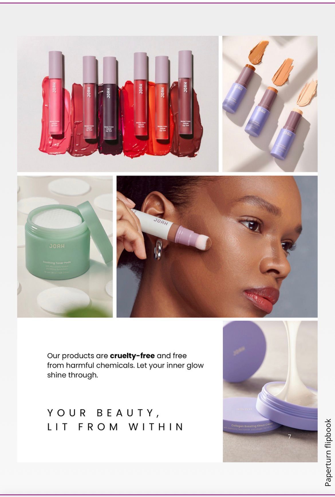 Collection of various skincare and makeup products, including lip glosses, lipsticks, skincare containers, and a woman applying makeup with a dual-ended applicator, promoting cruelty-free beauty products.