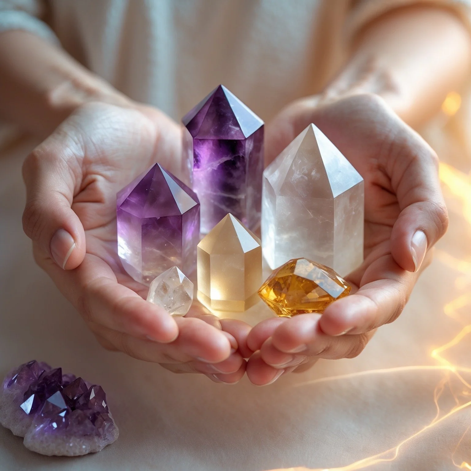 Person holding a variety of colorful polished and raw crystals and gemstones including amethyst, citrine, and clear quartz.
