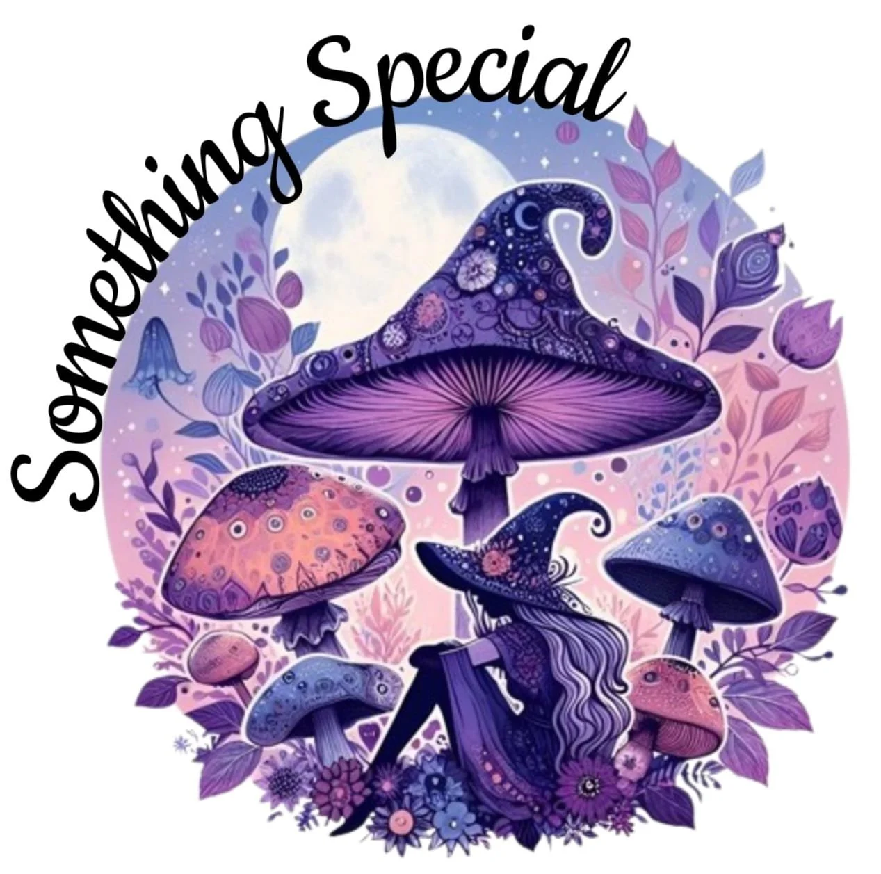 Illustration of a girl sitting with large purple mushrooms, surrounded by purple and pink foliage and flowers, with a full moon in the background. Text reading 'Soothing Special' is curved above the scene.