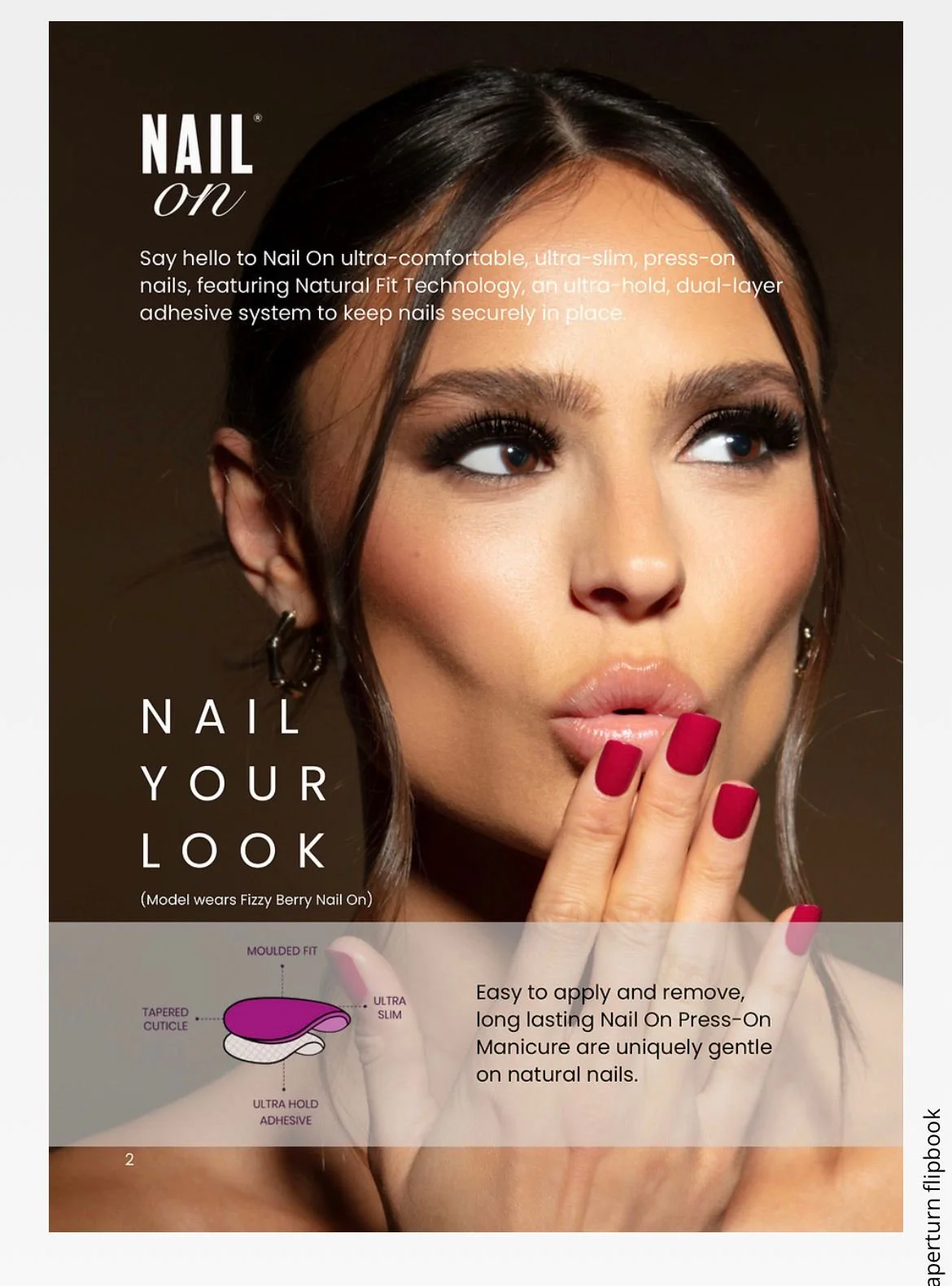 Close-up of a woman with manicured nails holding her fingers near her lips, promoting Nail On press-on nails with natural fit technology and illustrations of the nail application process.