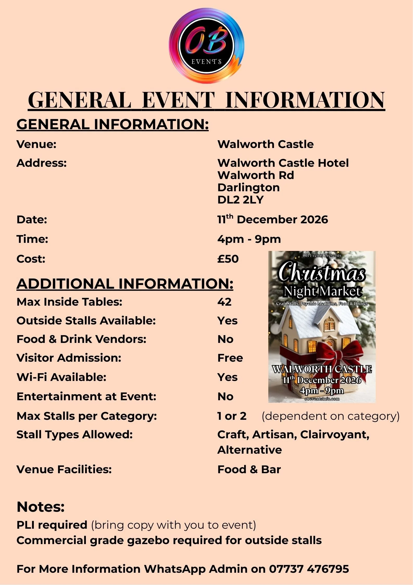 Event flyer for a Christmas Night Market at Walworth Castle on December 11, 2026, from 4pm to 9pm with details on location, entry fee, stall information, and amenities.