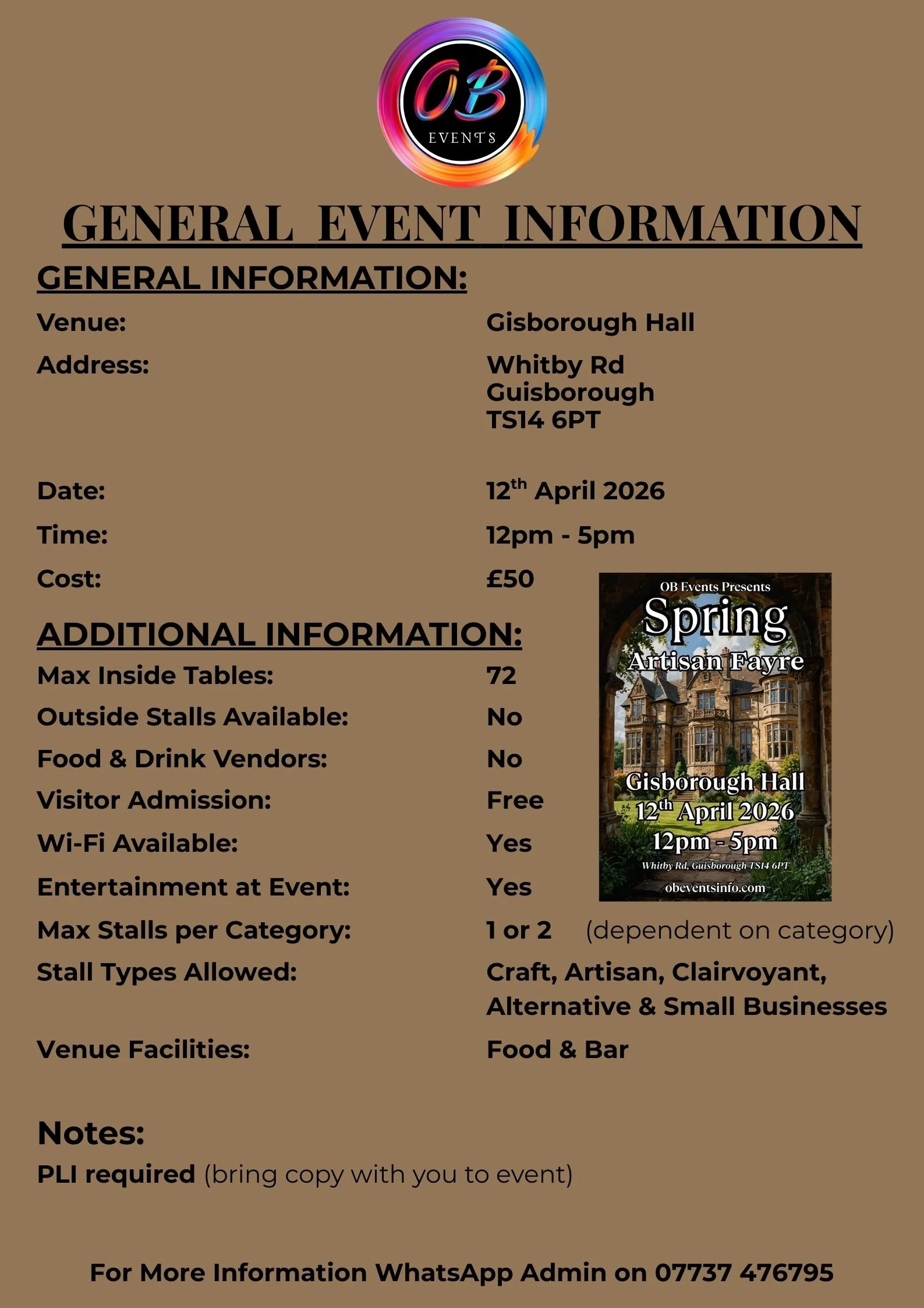 Event flyer for OB Events presenting Spring Artisan Fayre at Gisborough Hall on April 12, 2026, from 12 pm to 5 pm, featuring information about venue, date, time, cost, and event details.