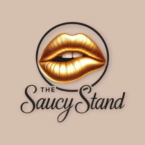 Logo featuring metallic gold lips and the text "The Saucy Stand" with a circular design.