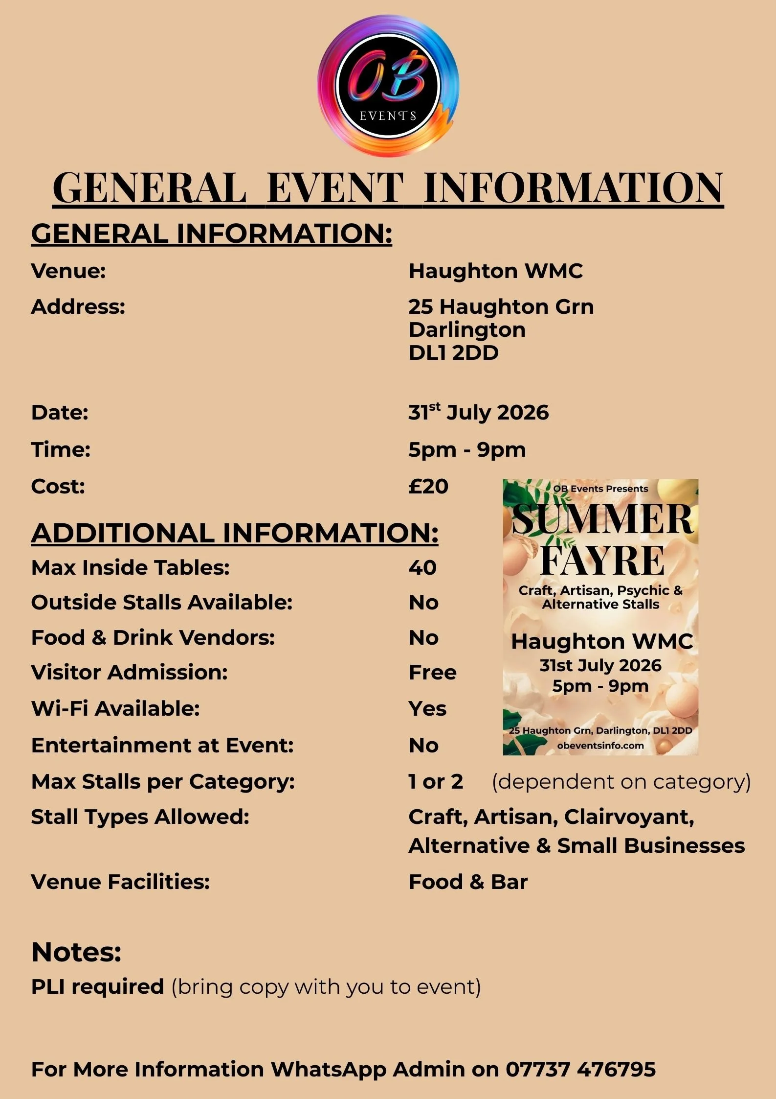 Event flyer for OB Events Summer Fayre at Haughton WMC on July 31, 2026, from 5 pm to 9 pm, featuring craft, artisan, psychic, and alternative stalls, with free admission, Wi-Fi, and food and drink vendors.