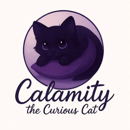Illustration of a black cat lying on a purple cushion inside a circular frame, with the text "Calamity the Curious Cat" underneath.