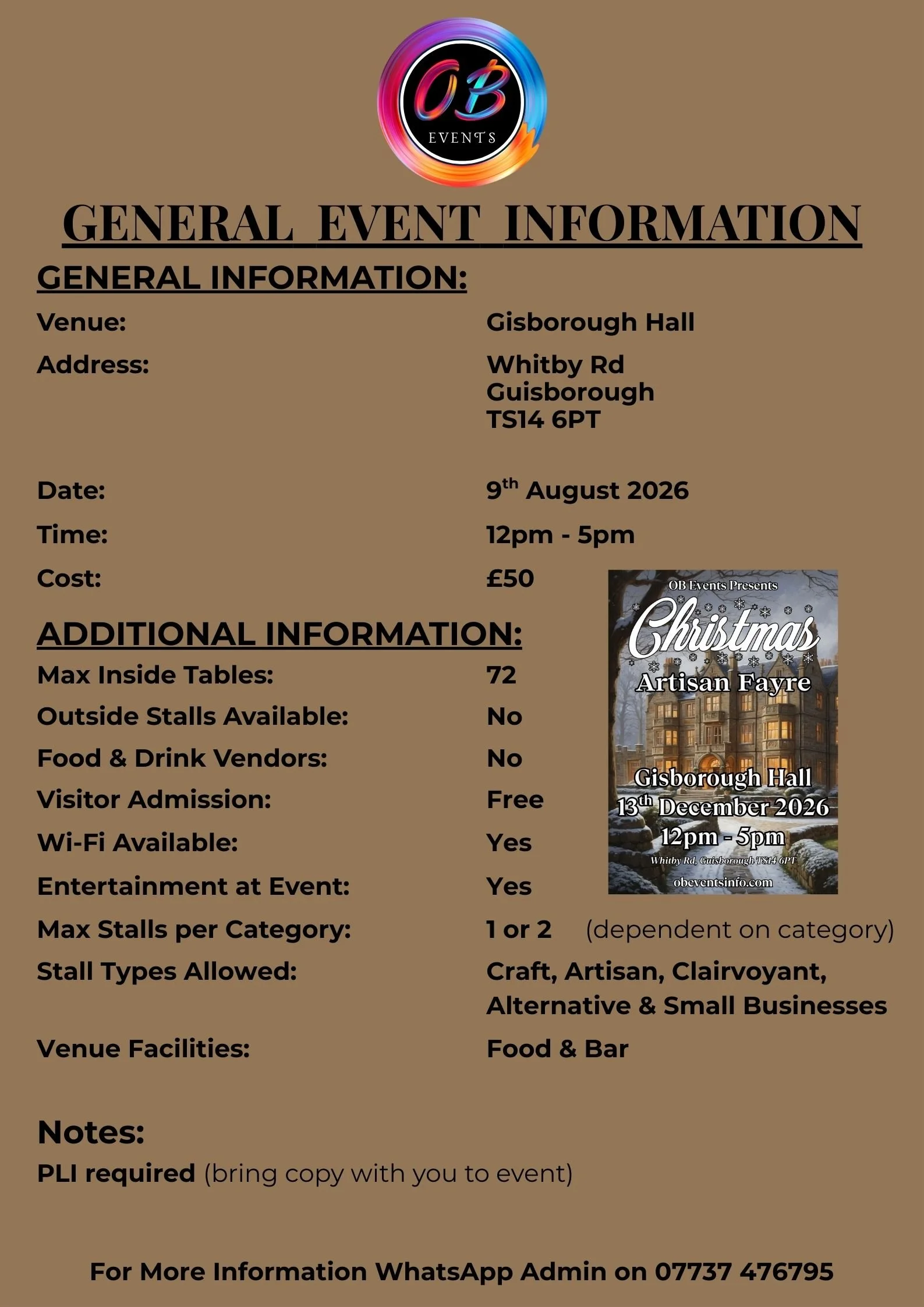 Event flyer for a Christmas artisan fayre at Gisborough Hall on December 13, 2026, from 12 pm to 5 pm, including details about venue, date, time, cost, and event features.