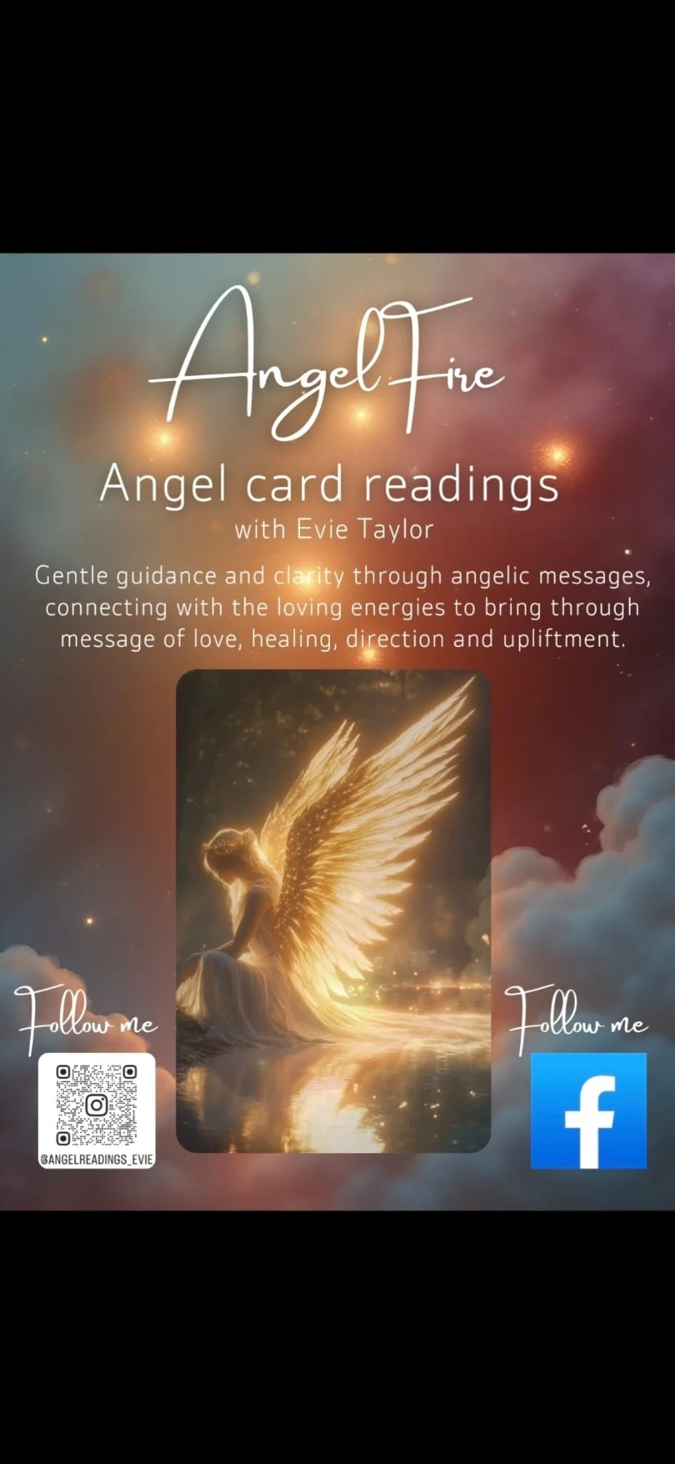 Promotional flyer for Angel Fire angel card readings by Evie Taylor featuring a glowing angel with wings, clouds, and social media contact info.