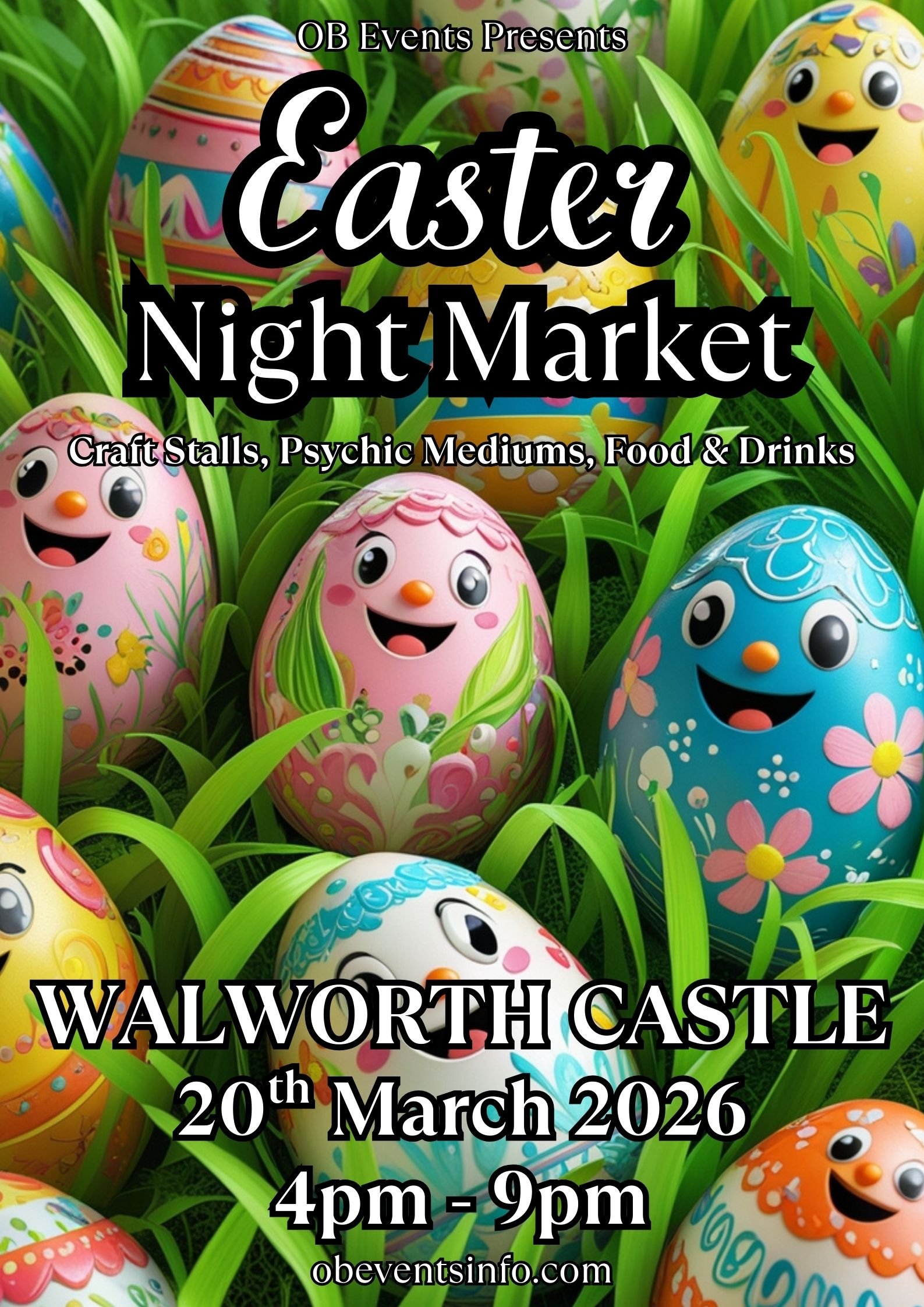 Colorful decorated Easter eggs with smiling faces among green grass suggesting an Easter night market event.