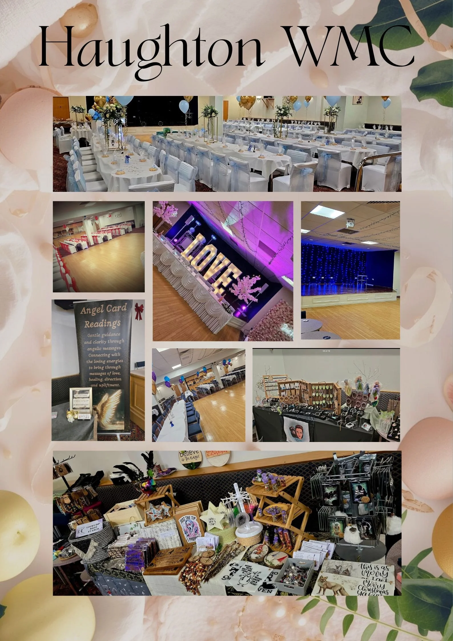 Collage of images from a social event at Haughton WMC, including decorated banquet hall, dance floors, a stage with a