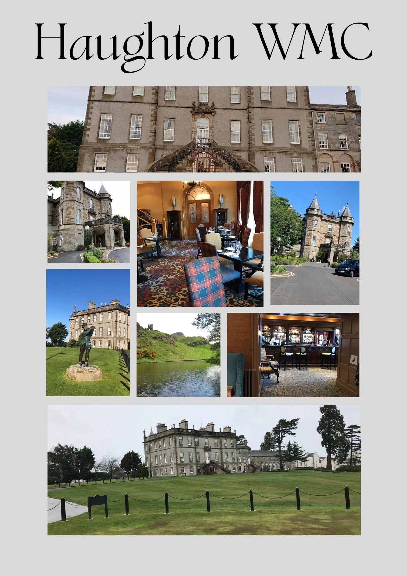 A collage of photos featuring Houghton WMC, including a large historic castle-like building, interior dining rooms, a bar area, statues, a pond, and landscaped grounds with the castle in the background.