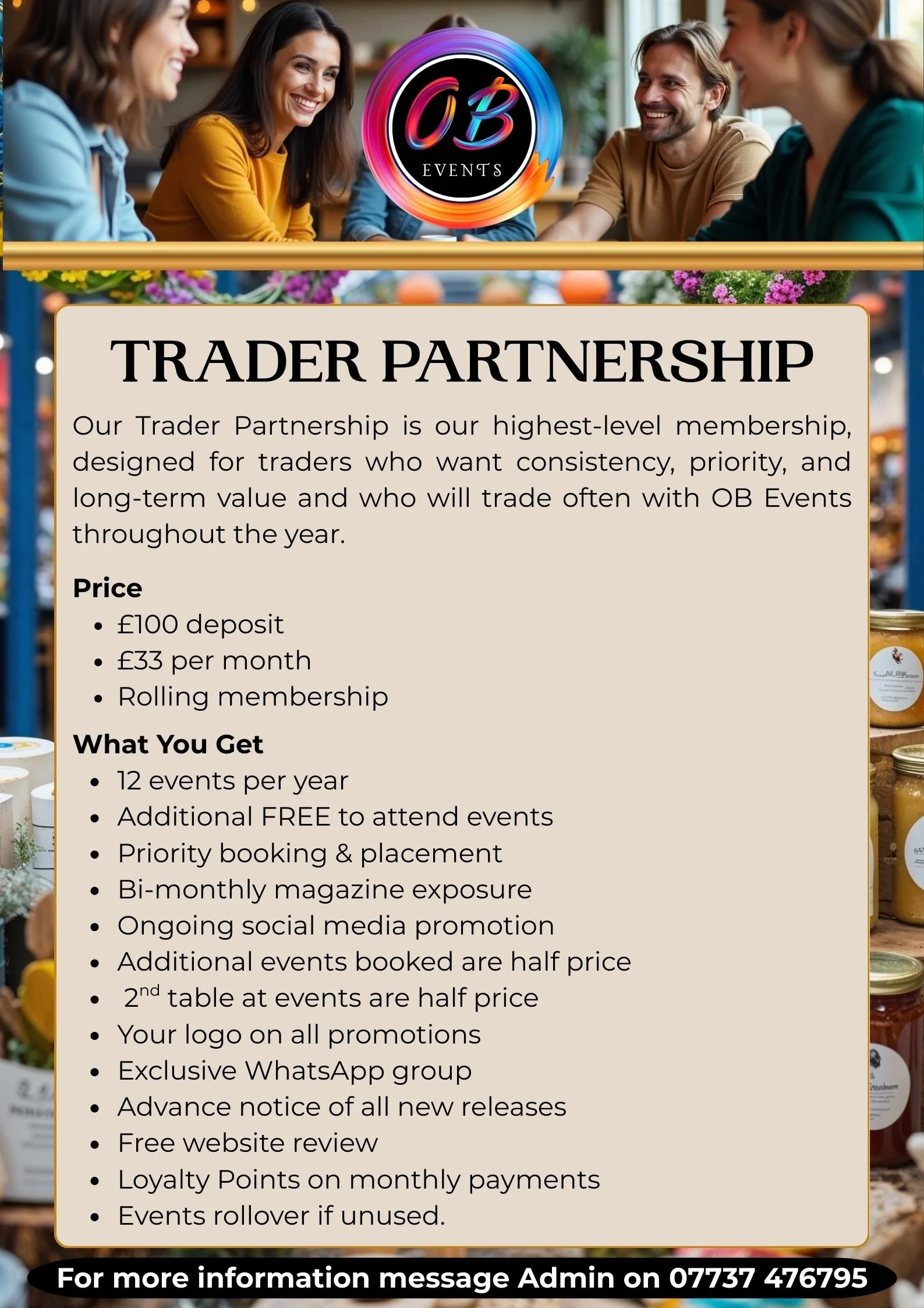 Poster for OB Events promoting trader partnership with details on pricing, benefits, and contact info.