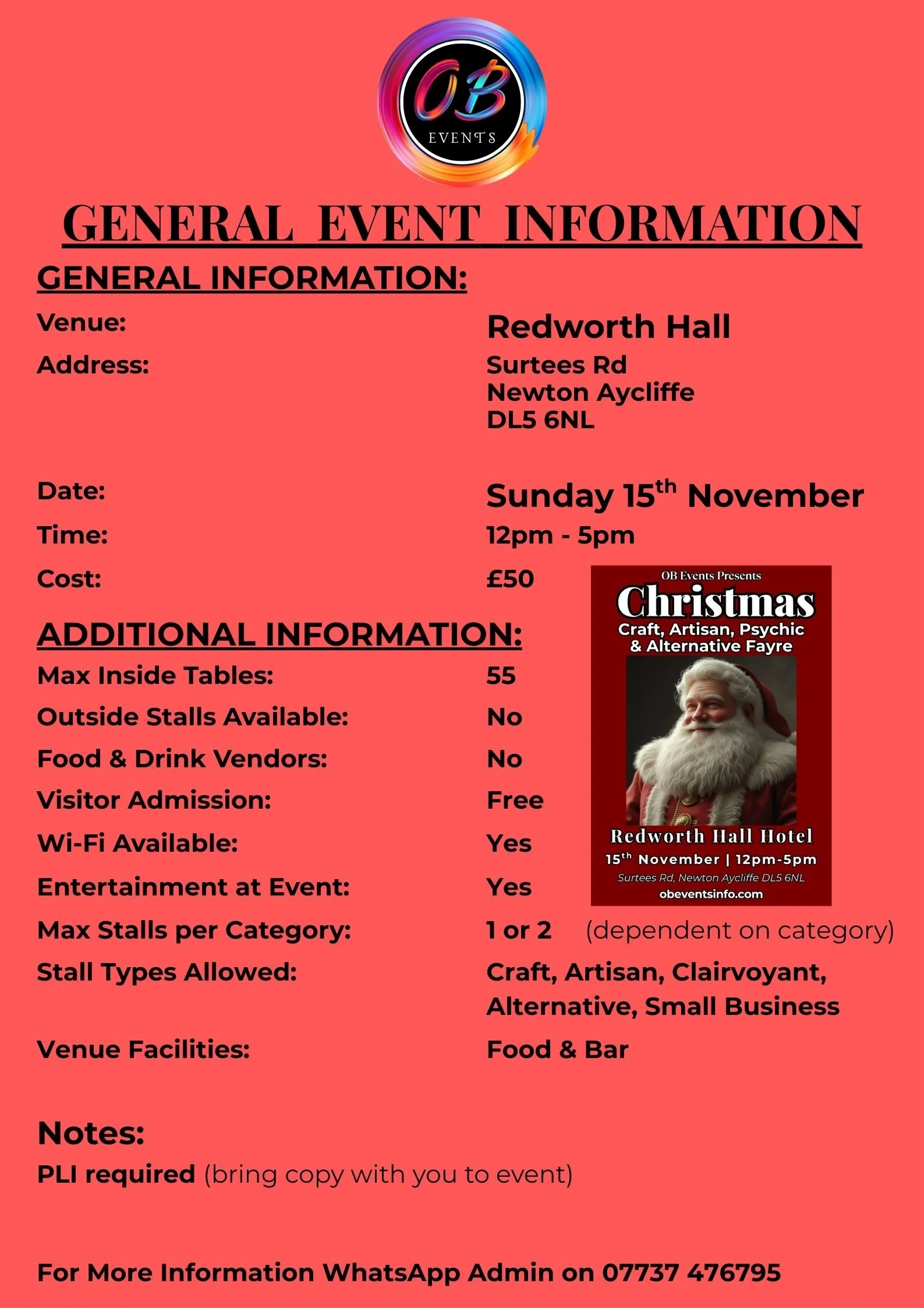 Event Flyer for Christmas craft, artisan, psychic, and alternative fayre at Redworth Hall Hotel. Date: Sunday, November 15, from 12pm to 5pm. Includes Santa Claus image, event details, and contact information.