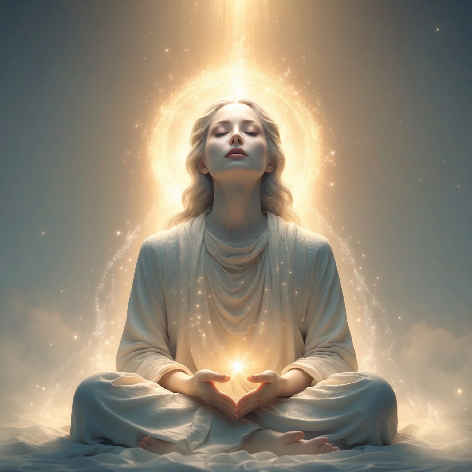 A woman in a meditative pose with closed eyes, sitting cross-legged under a glowing halo of light with magical sparkles, wearing light-colored flowing clothing.