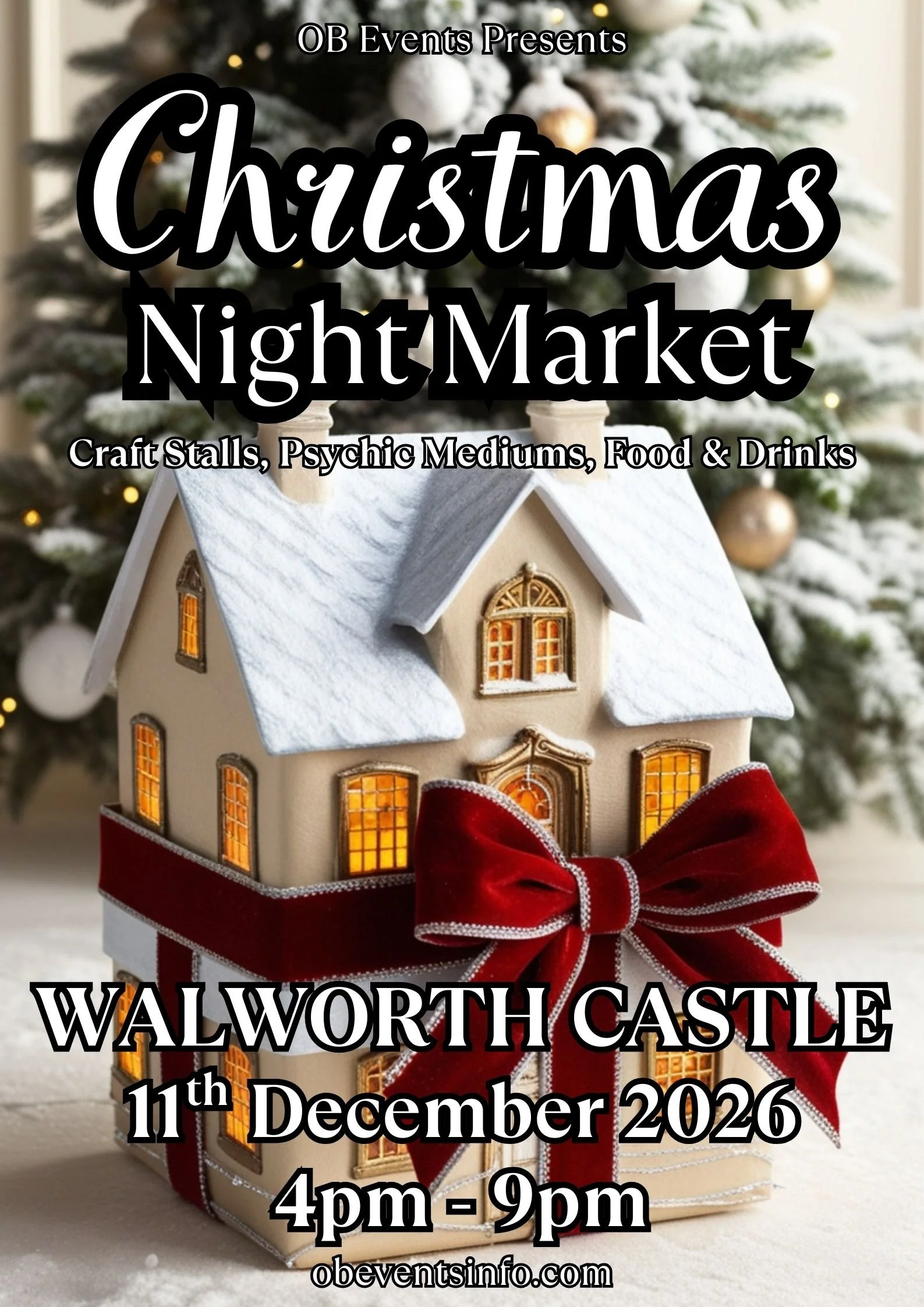 Christmas-themed flyer for a night market event showcasing a decorative house with a red ribbon bow and a Christmas tree in the background.