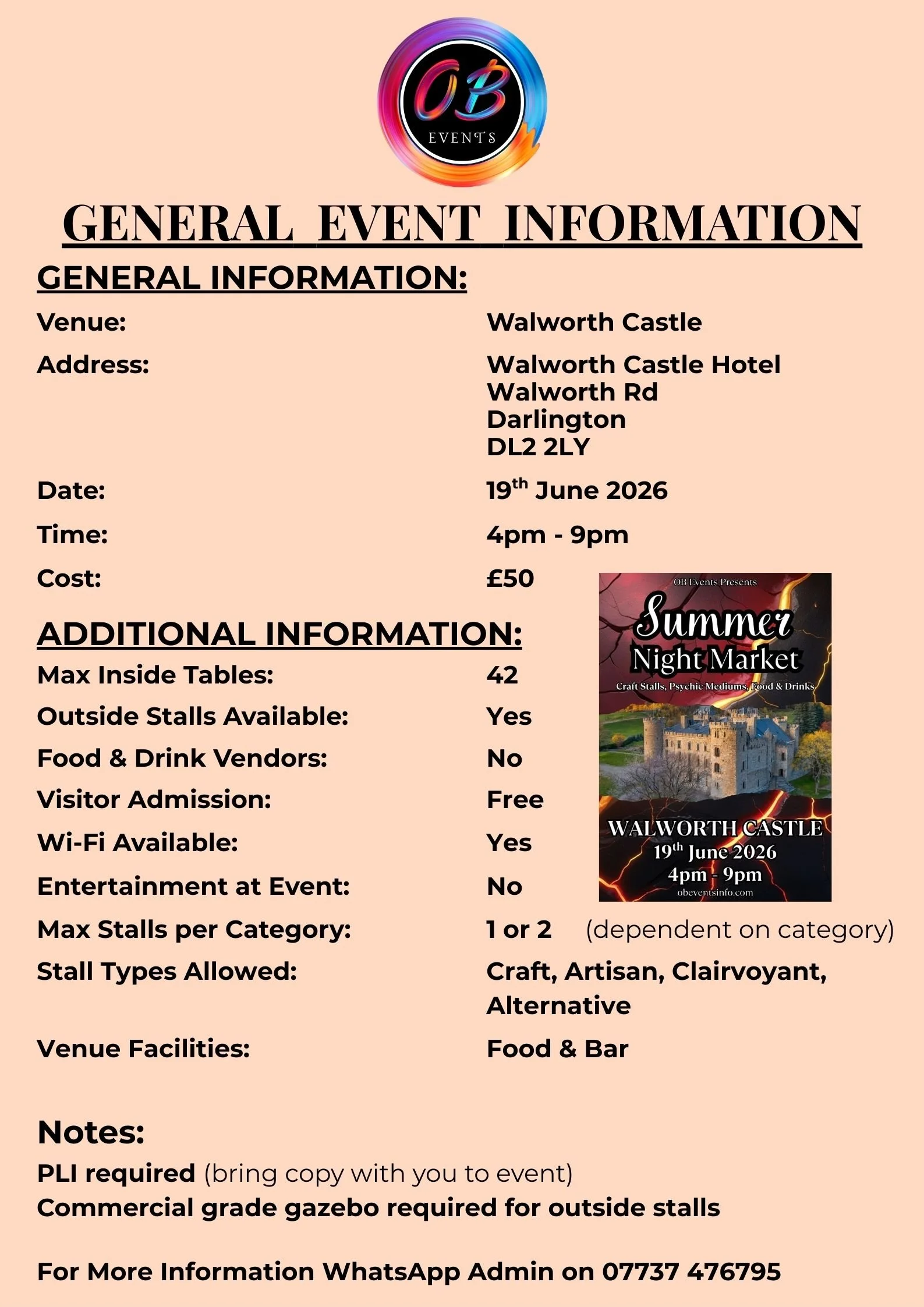 Event flyer for OB Events promoting a Summer Night Market at Walworth Castle, June 19, 2026, from 4 pm to 9 pm.