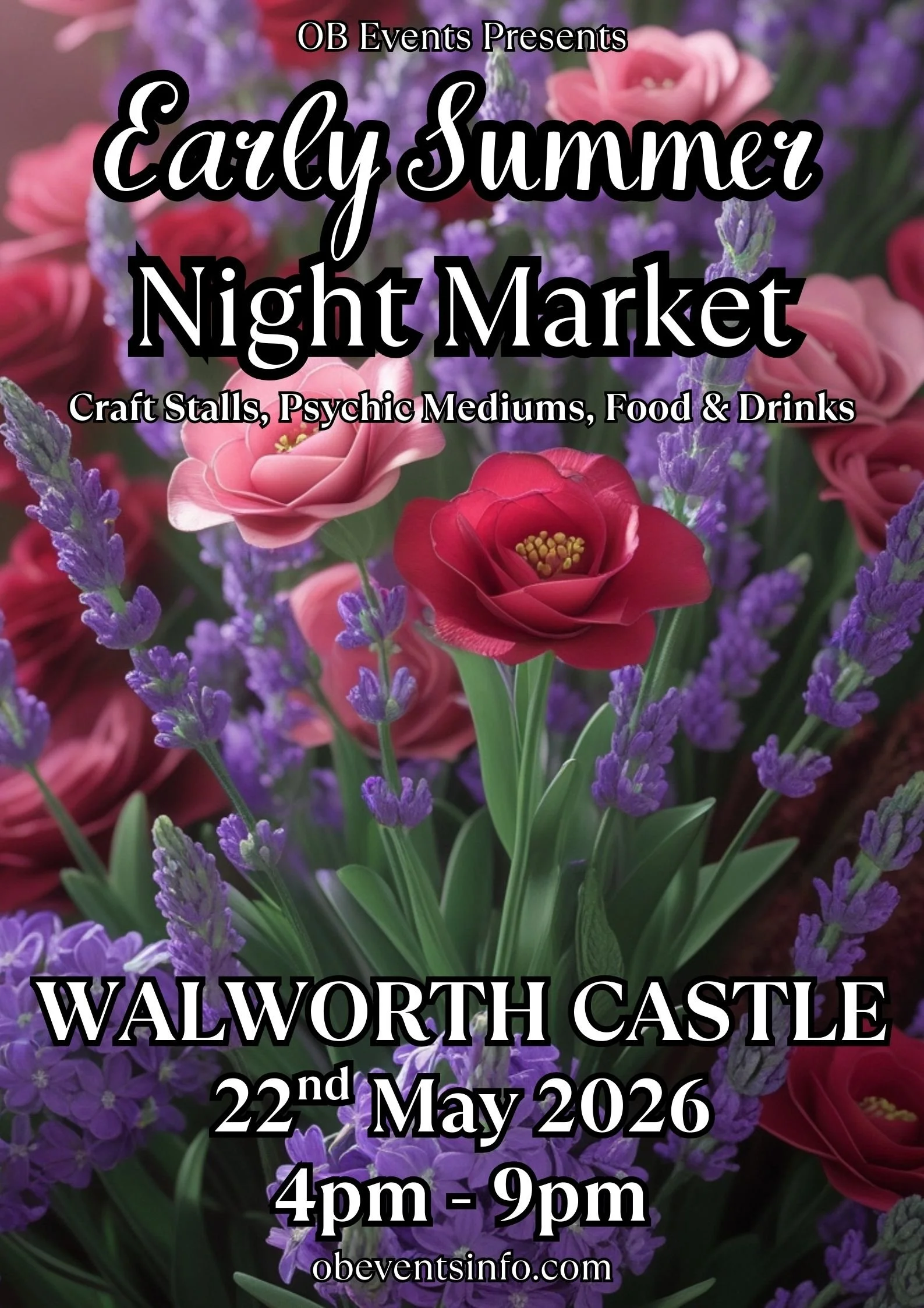 Floral background with pink roses, purple lavender, and greenery overlaid with event details for Early Summer Night Market at Walworth Castle on May 22, 2026, from 4pm to 9pm.