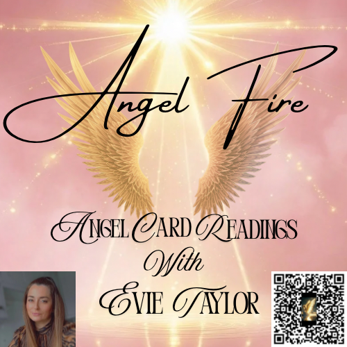 An advertisement for Angel Fire Angel Card Readings featuring Evie Taylor with a background of glowing angel wings, a bright light, and a pink sky, including a photo of Evie Taylor in the bottom left corner and a QR code.
