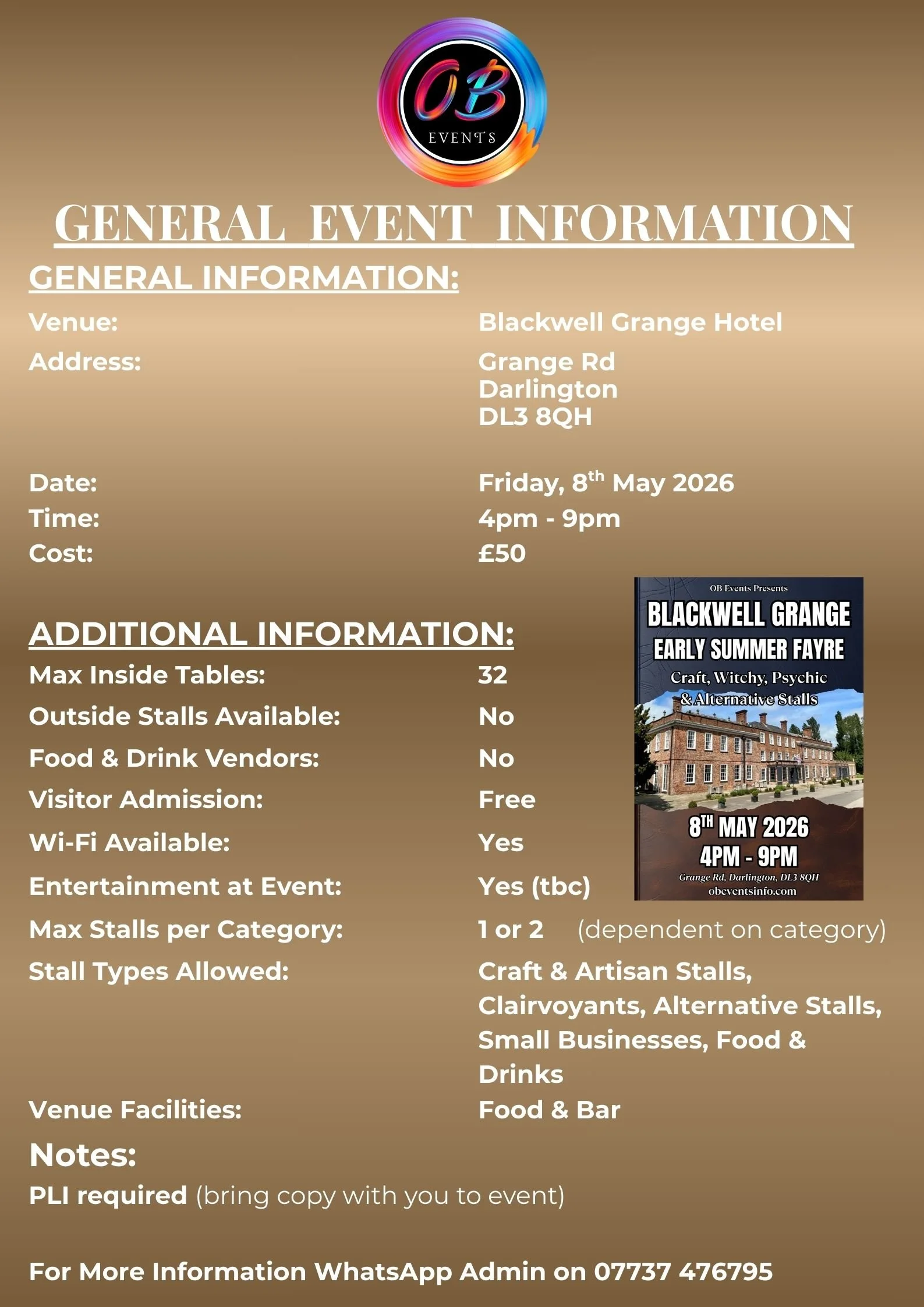 Event flyer for Blackwell Grange Early Summer Fayre on May 8, 2026, from 4 PM to 9 PM at Blackwell Grange Hotel in Darlington, featuring craft, witchy, psychic, and alternative stalls, with details on venue, entry, and facilities.