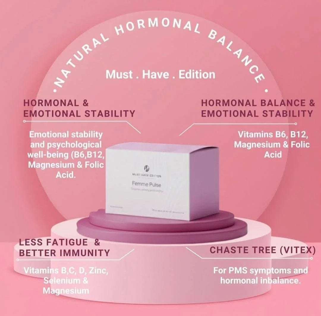 Pink promotional poster for Femme Pulse, a nutritional supplement for hormonal balance and emotional stability, featuring a white box of Femme Pulse on a pink circular stand with informational text about its benefits.