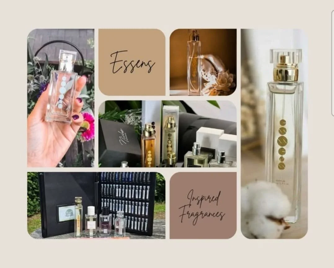 Collage of perfume bottles with labels, some with flowers, greenery, and decorative elements, featuring text 'Essays' and 'Inspired Fragrances'.