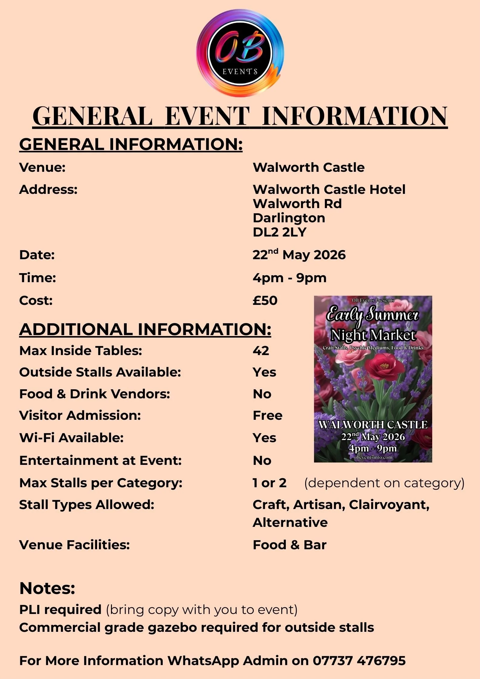 Event flyer for 'Early Summer Night Market' at Walworth Castle on May 22, 2026, from 4 pm to 9 pm, featuring craft stalls, psychic mediums, food, drinks, and free Wi-Fi.