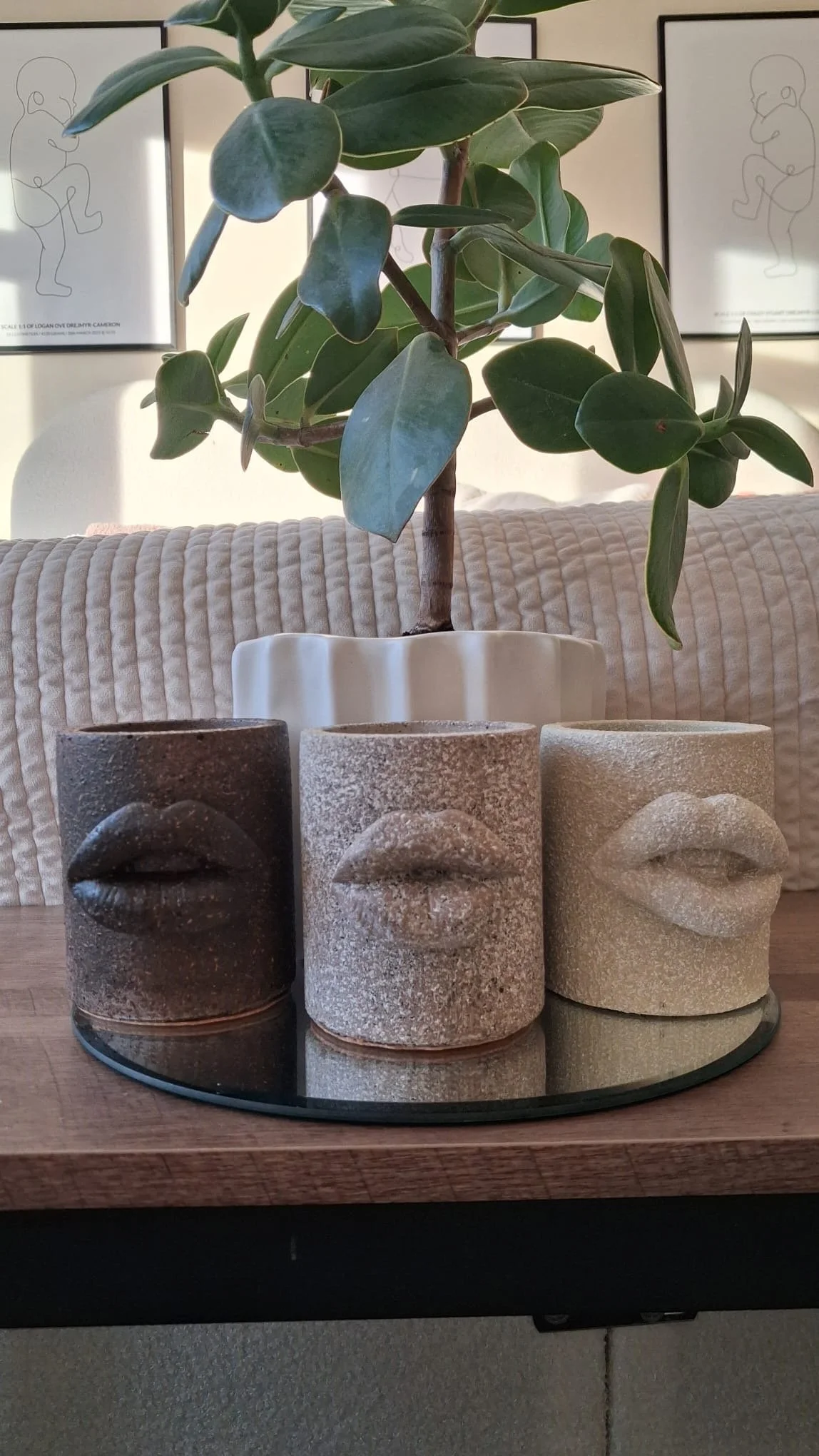 A small potted plant with broad green leaves on a wooden table, accompanied by three candle holders shaped like lips in various shades of black, gray, and beige, arranged on a round mirror.