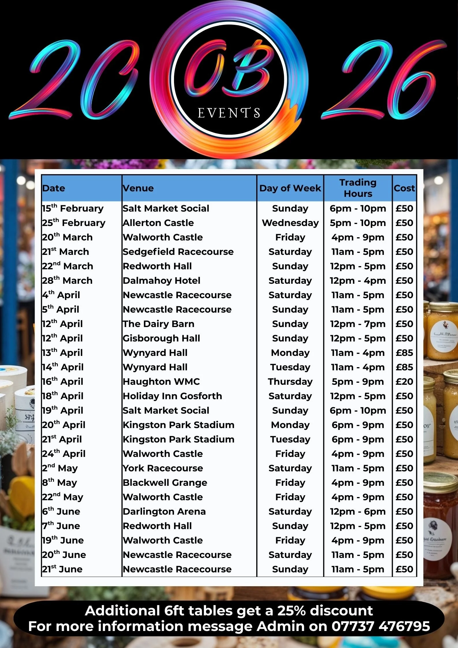 A schedule of events for 2023 with dates, venues, days of the week, trading hours, and costs, including locations like Salt Market Social, Allerton Castle, Walworth Castle, and others, with a colorful logo at the top and a black banner at the bottom 