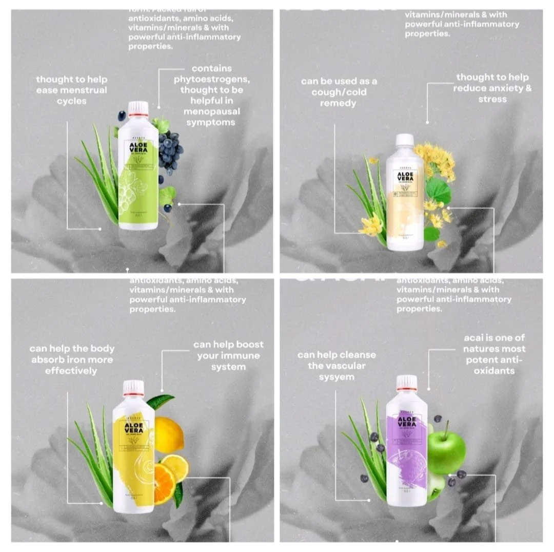 Four bottles of aloe vera products with different ingredients and health benefits, each accompanied by fruits and plants. The top-left bottle is accompanied by grapes and blueberries, helping with menstrual cycles. The top-right bottle is with yellow