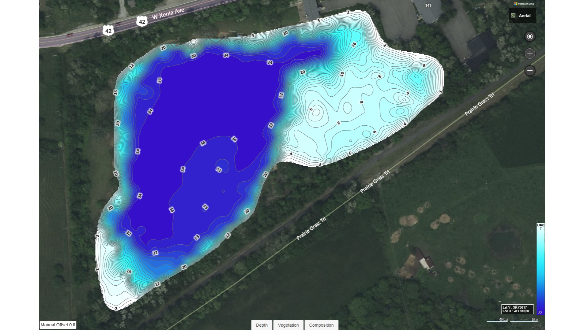 A topographical map overlay of a pond on a satellite image shows depth contours with different shades of blue, indicating varying water depths from shallow on the edges to deep in the center, located near West Xenia Avenue and Prairie Grass Trail.