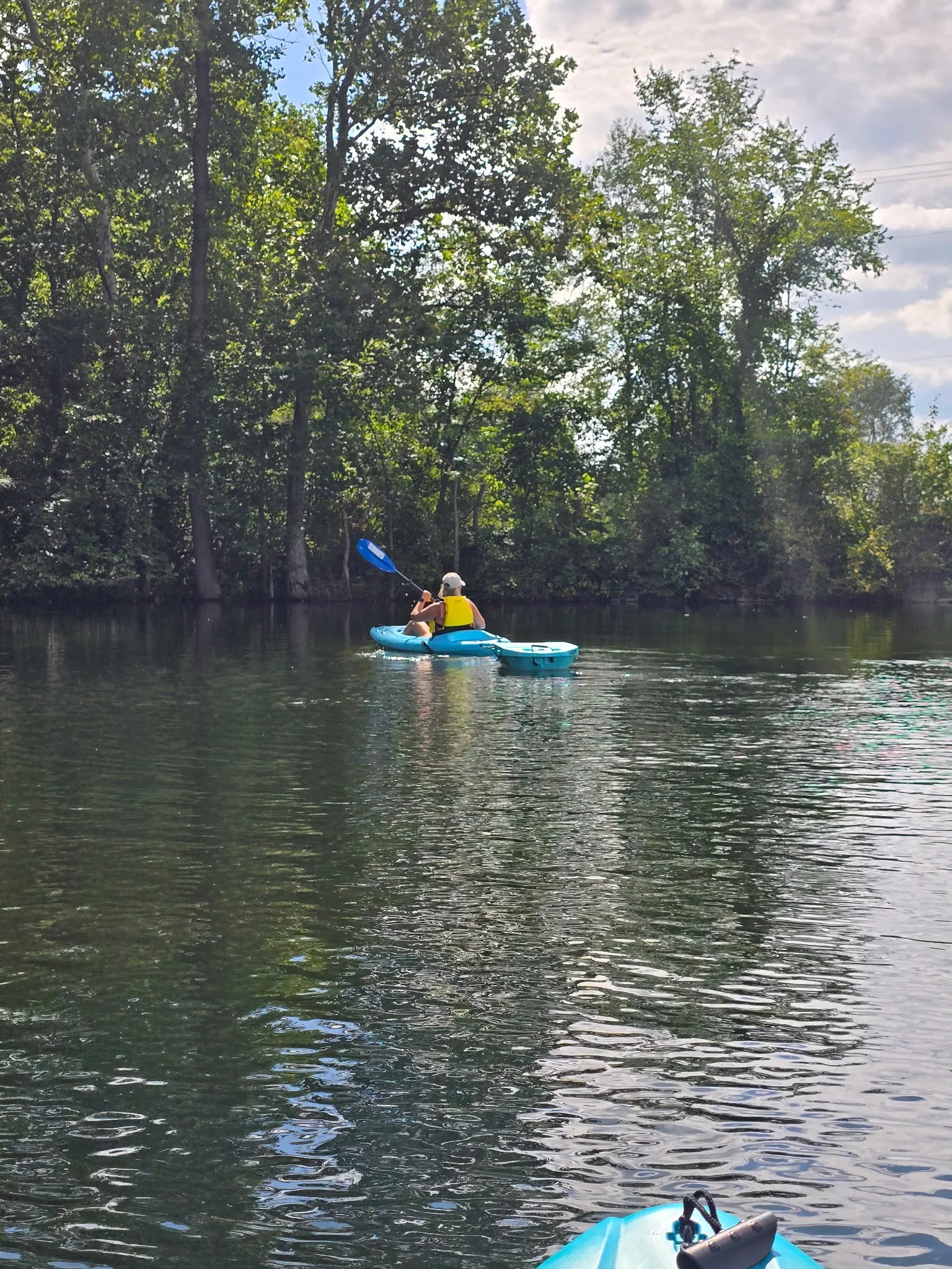 A person kayaking on a calm river surrounded by lush green trees with a partly cloudy sky.
