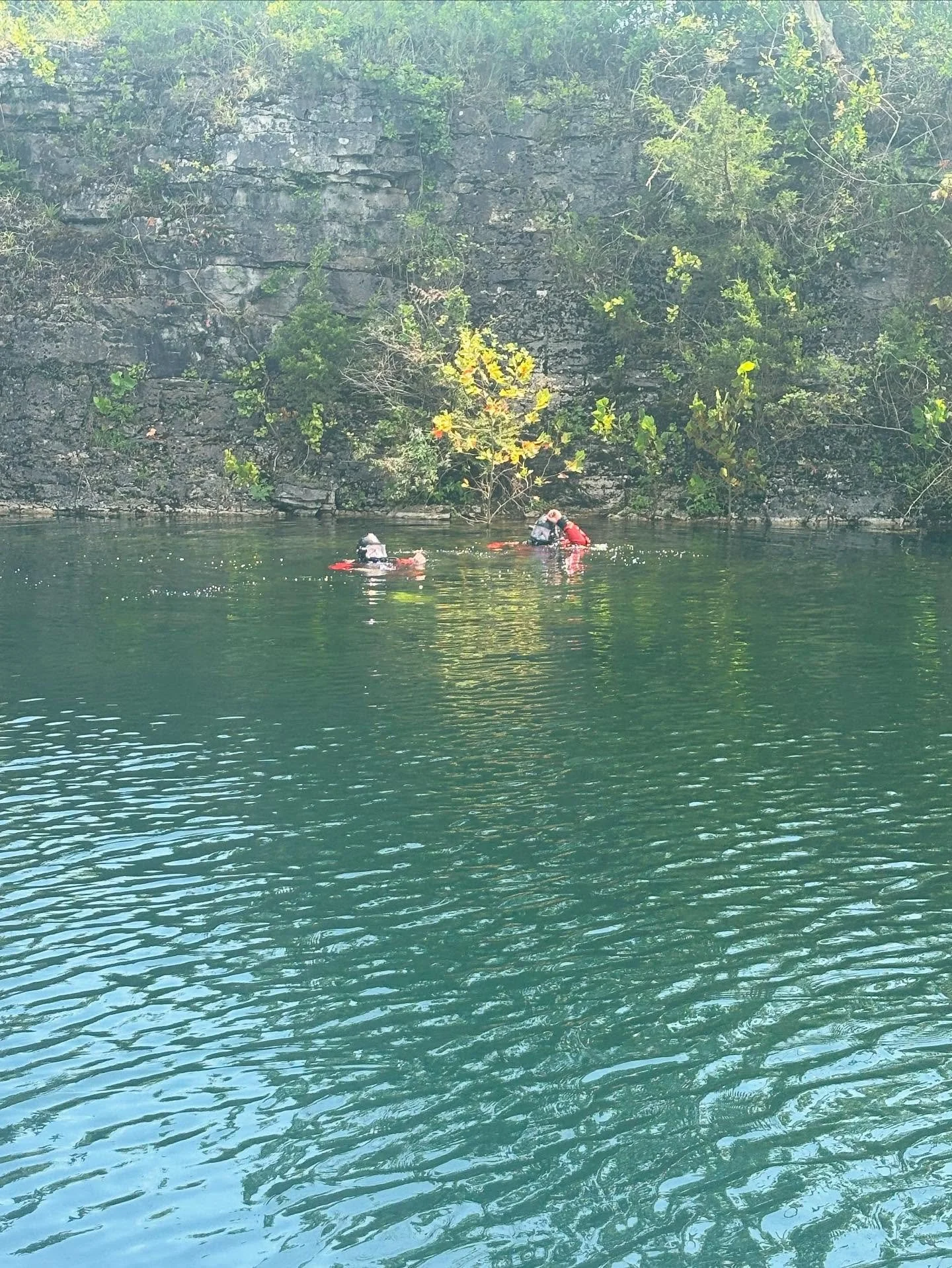 Two people in life jackets kayaking near a rocky, forested shoreline.