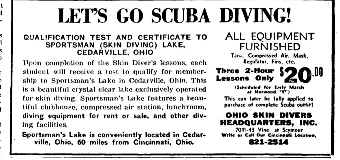Advertisement for scuba diving lessons at Sportsman's Lake in Cedarville, Ohio, offering a three 2-hour lesson for $20, with full equipment provided, including tanks, compressed air, mask, regulator, fins, and more, intended to promote skin diving ce