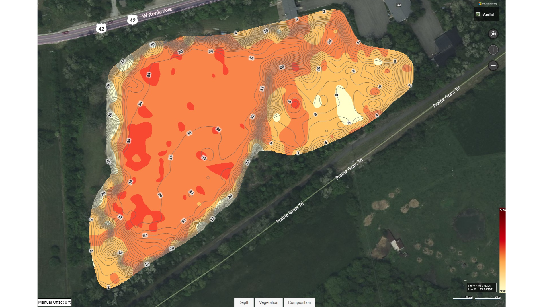 A topographic map overlay on an aerial image showing elevation contours in shades of orange, red, and yellow on a plot of land bordered by W Xenia Ave and Prairie Grass Trl. The map displays depth and vegetation data.
