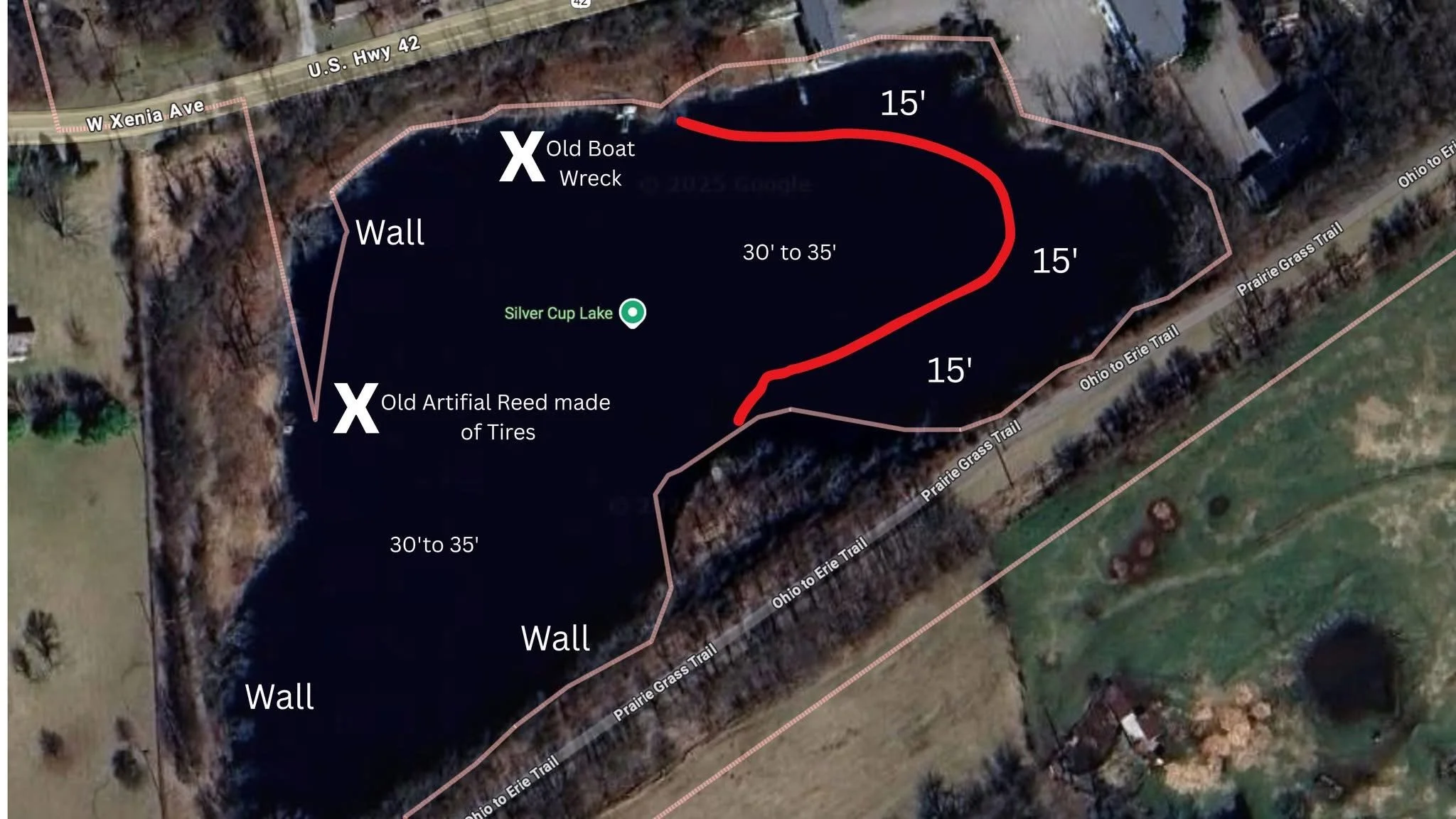 Illustrated depth map of Silver Cup Lake showing walls, features, and approximate depths