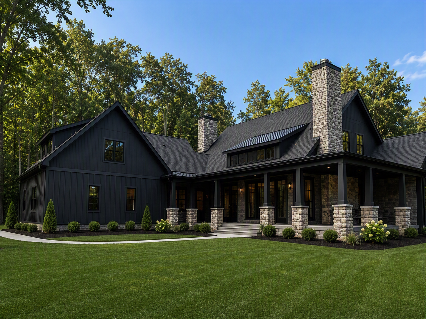 A modern black house with stone accents, surrounded by a lush green lawn and trees in the background.