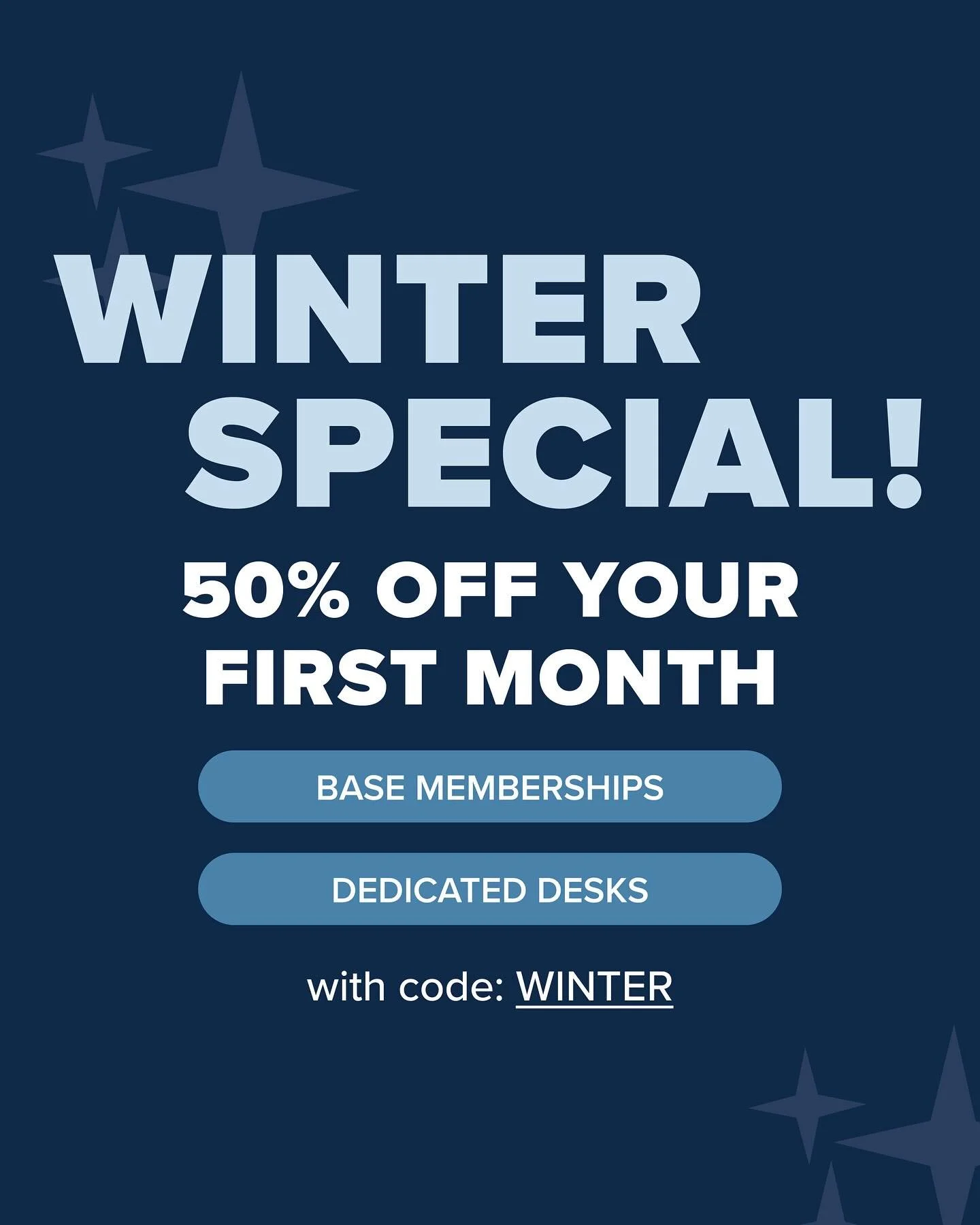 Community makes winter better ☕️❄️

Now through Nov 30, take 50% off your first month of coworking!

Use code WINTER at checkout. Offer applies to Base Memberships and Dedicated Desks.