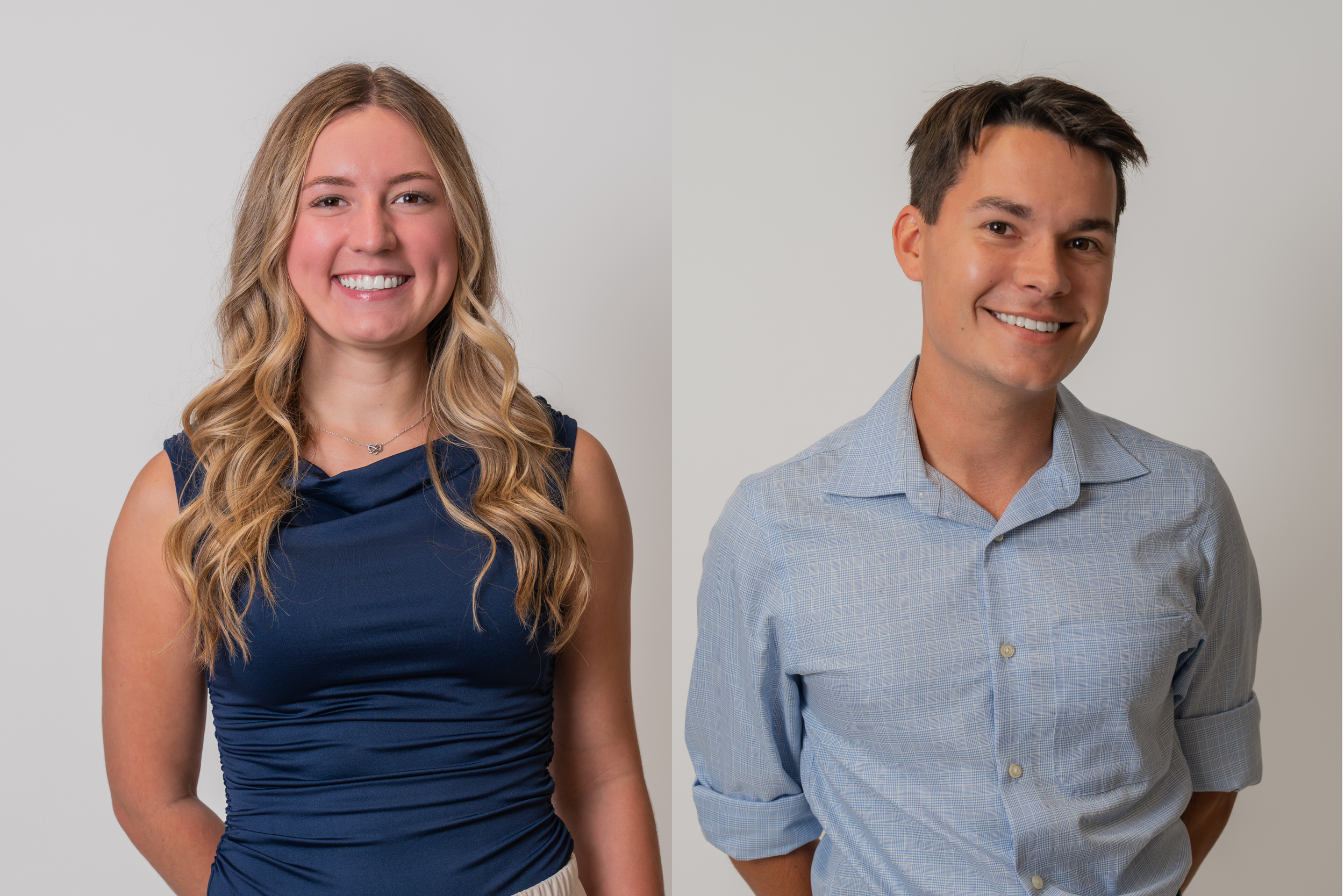 Side-by-side portraits of a smiling woman with long, wavy blonde hair in a sleeveless navy blue top, and a smiling man with short brown hair wearing a light blue checked shirt, against plain neutral backgrounds.