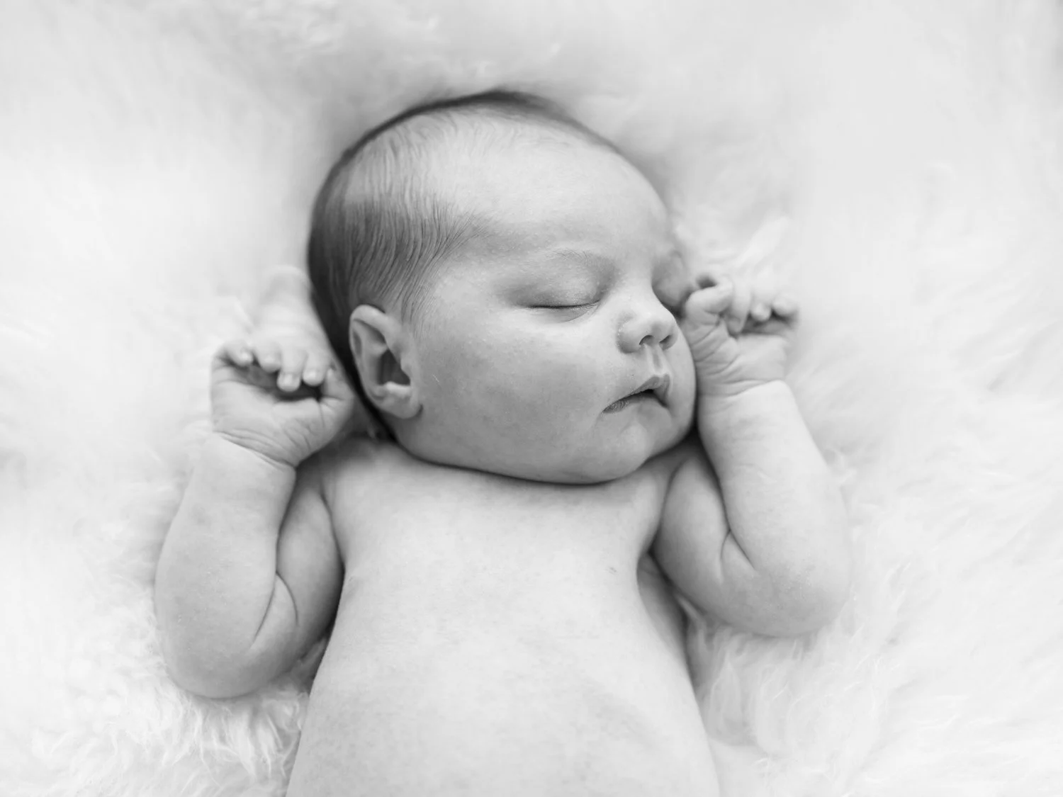 black and white photo of a newborn sleeping. 