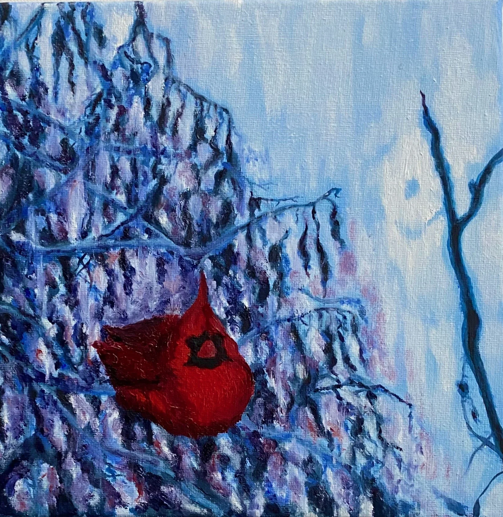 An oil painting of a leafless tree branch with a red cardinal hanging from it, against a blue and white background.